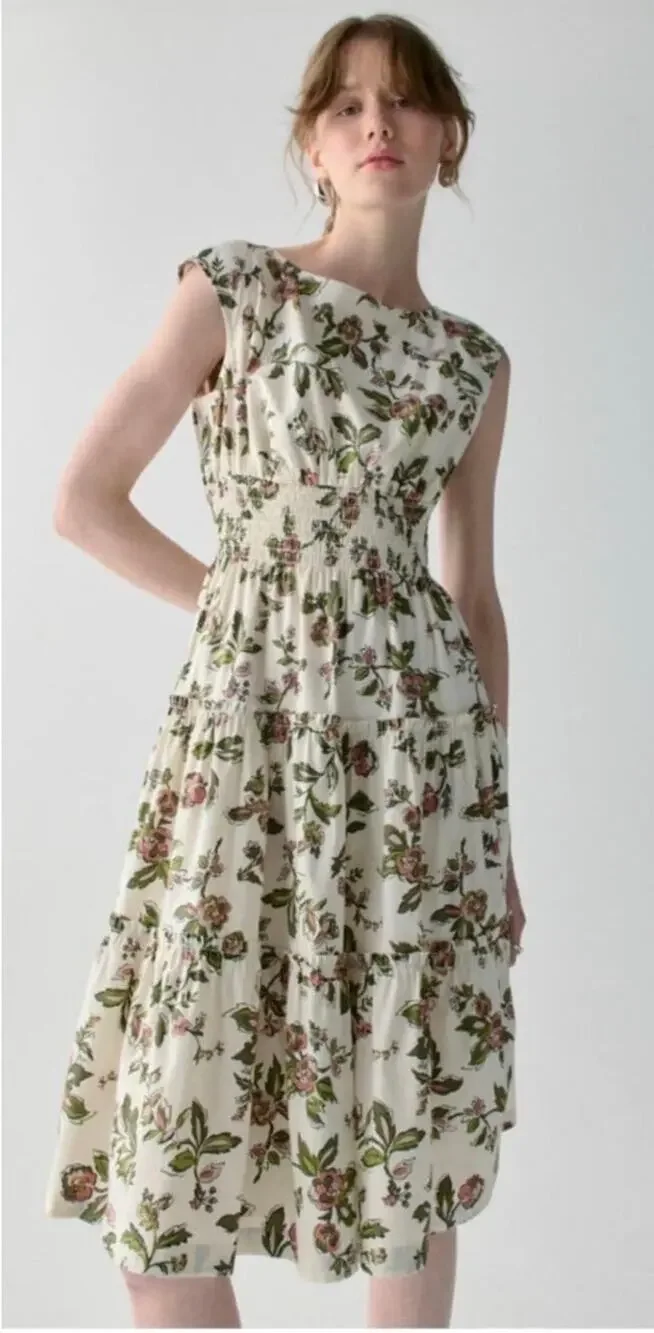 Kate Spade Forest Blooms Blaire Midi Dress Cream Cotton Floral Print size Small